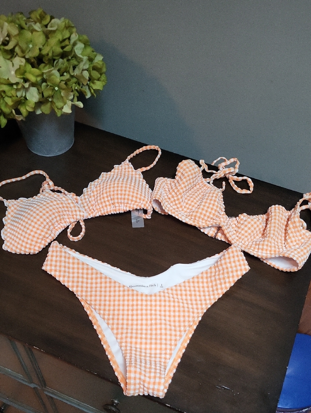 Abercrombie & Fitch Orange Gingham Ruffle Bikini Set 2 Tops Included